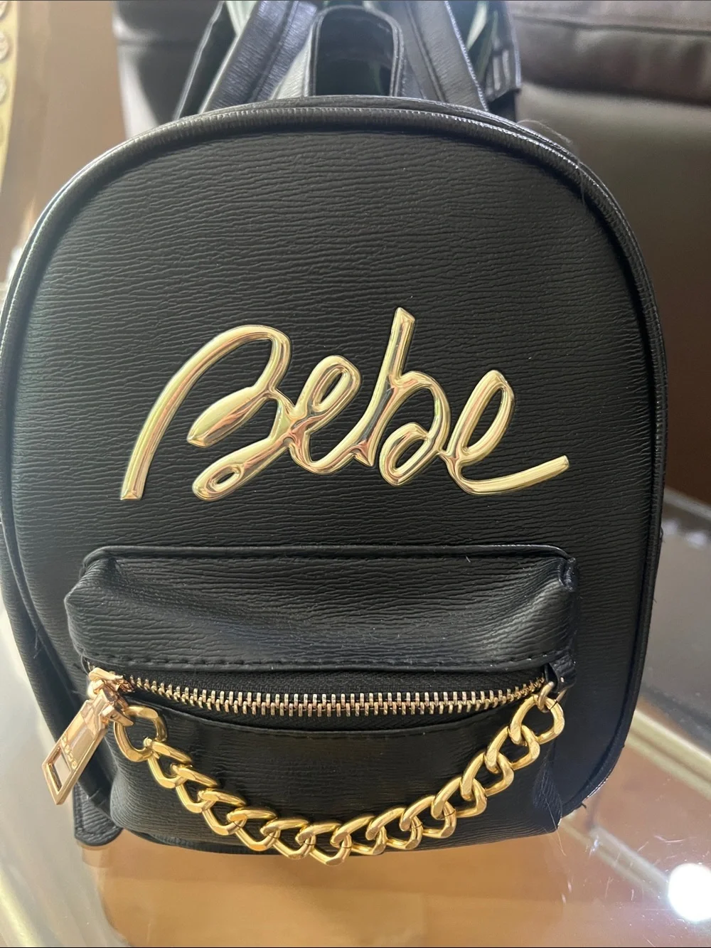 bebe Black Mini Backpack with Gold Script Logo & Chain